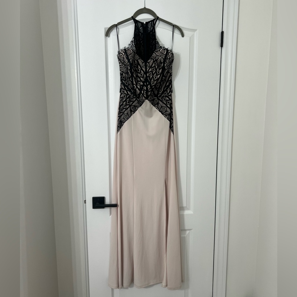 Lipsy Black and Blush Lace Halter Slit Dress